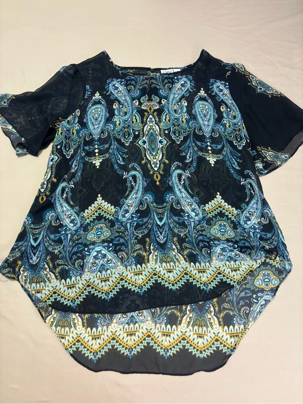 Cato Sheer Black Paisley Short Sleeve Blouse with Blue Accents Size Women’s 18W